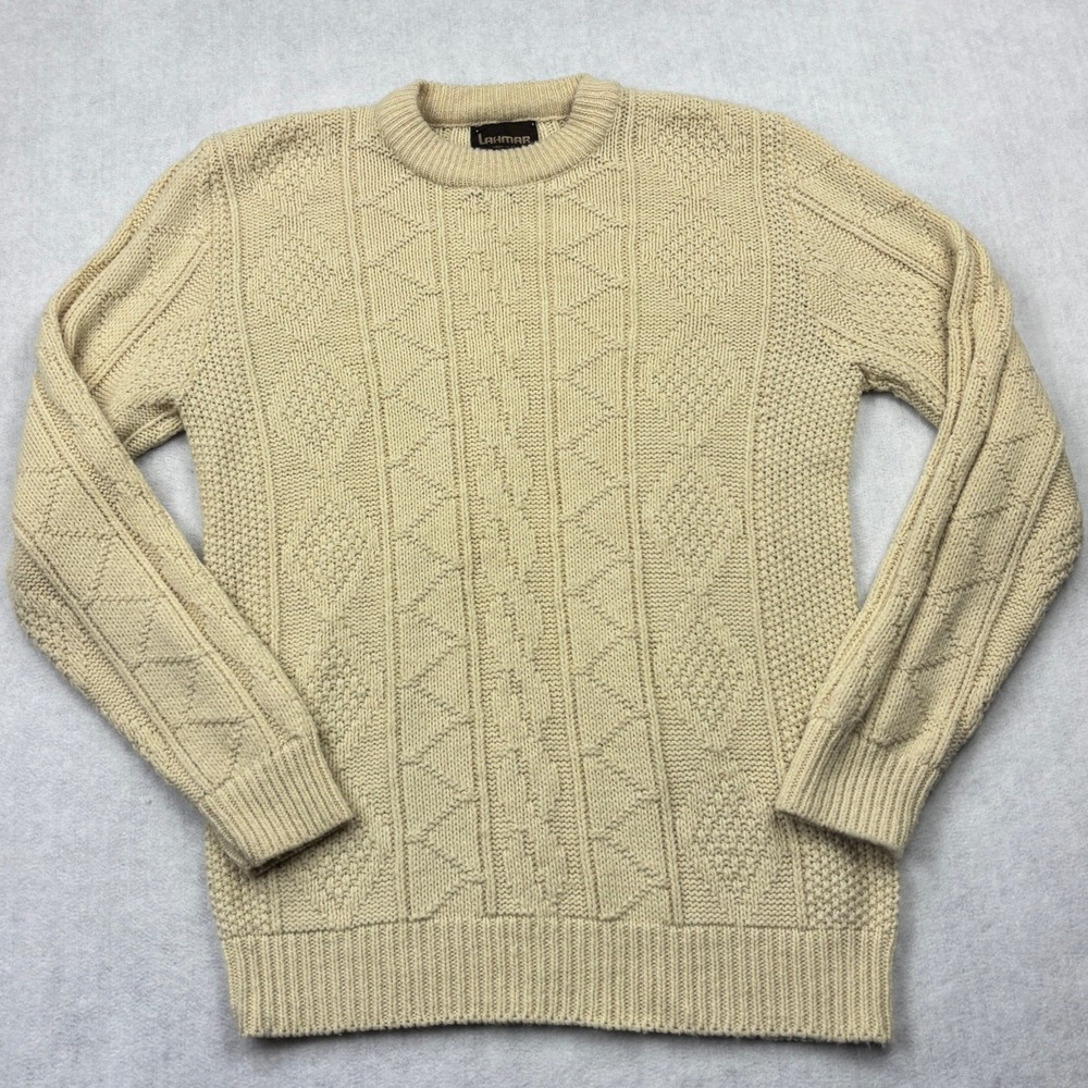 Vintage Lahmar Sweater Mens XL Cream Chunky Cable Knit Fisherman USA Made Heavy